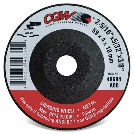 CGW ABRASIVES Mini Depressed Center Wheel, 2-5/16 in Dia x 5/32 in THK, 3/8 in Center Hole, 80 Grit, Aluminum Oxid 49684